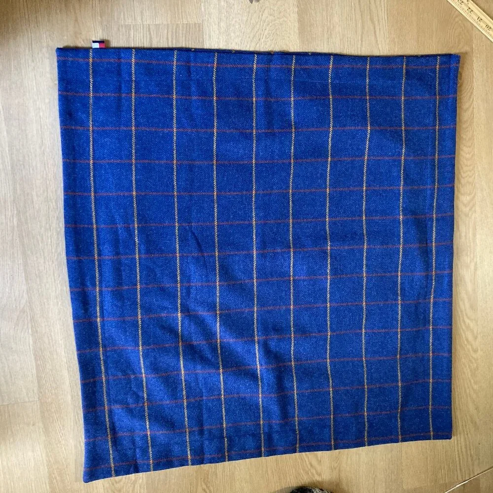 Tommy Hilfiger Blue Windowpane Plaid Wool Pillow Cover Sham for 28x28 Insert